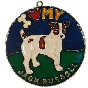 Vintage Handmade Stained Glass I love my Jack Russell  Suncatcher Ornament Dog
